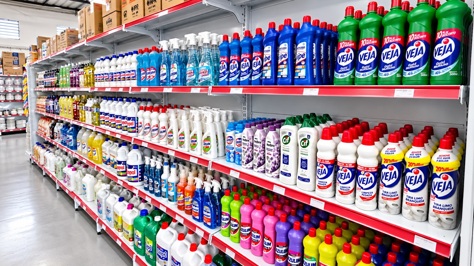Prateleiras com produtos de limpeza na EMBMAX