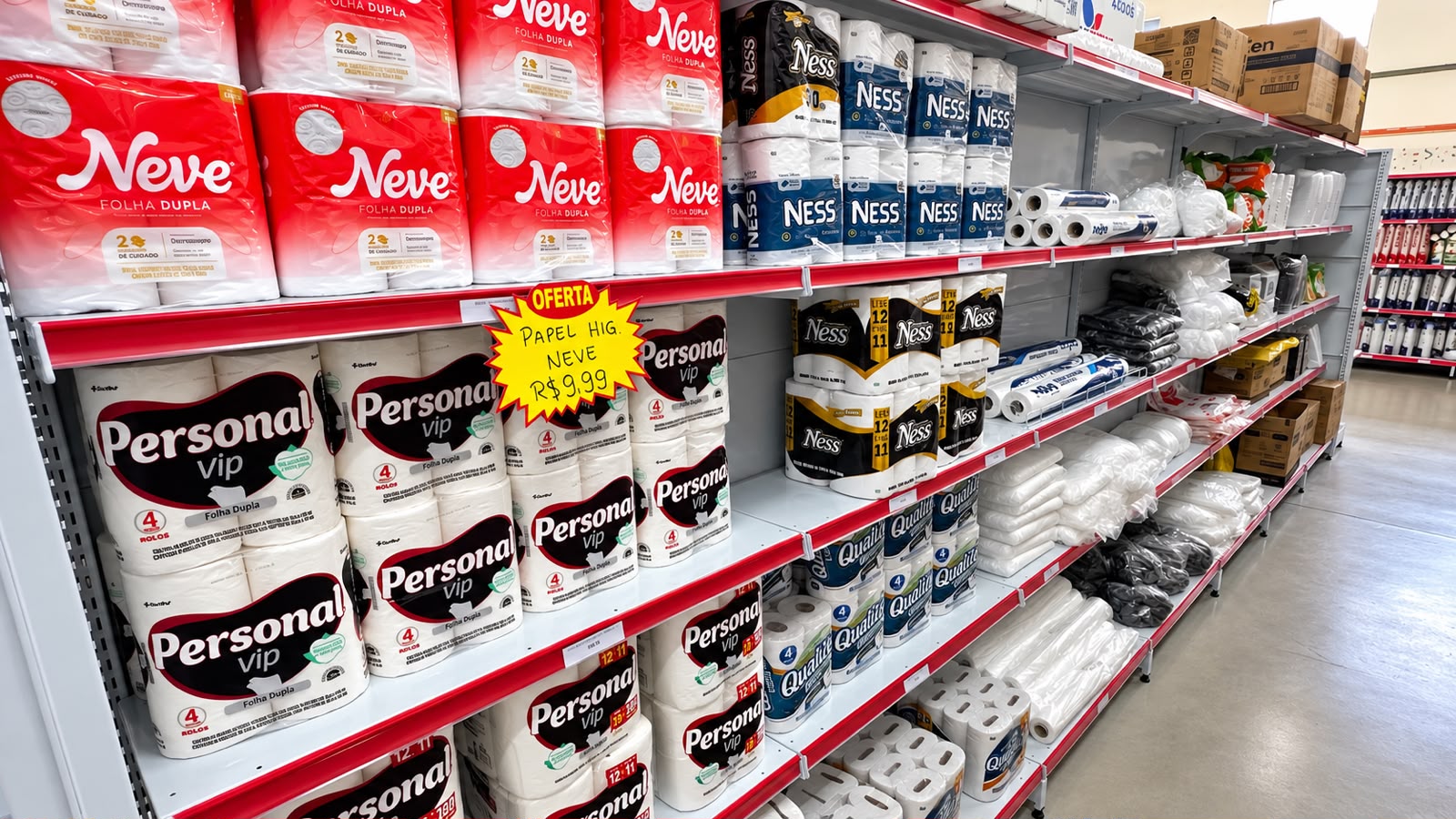 Prateleiras com papéis e produtos de higiene na EMBMAX